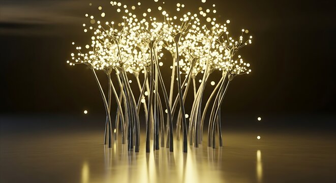 Abstract glowing ethereal light trees with reflective surface, warm gold - Powered by Adobe