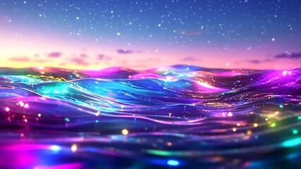 The water is veiled in countless colorful, translucent glowing lines,like light painting ,casting fantasy hues and dreamy lights across the surface. - Powered by Adobe