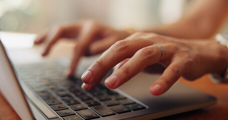 Woman, hands and typing in apartment with laptop for journalism, news research or remote work....