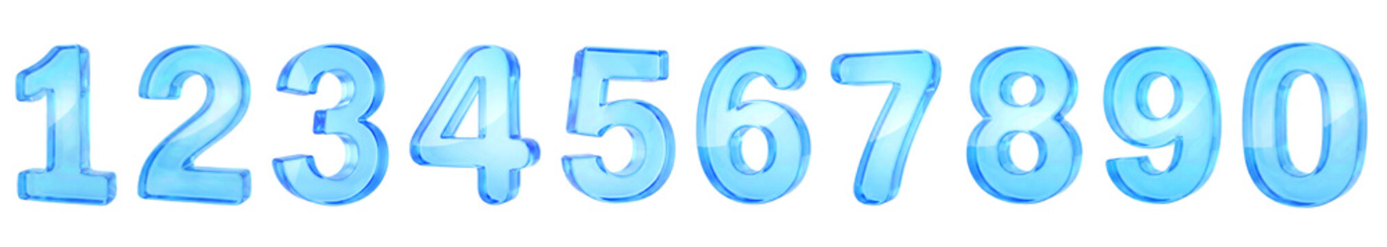 3D blue glass numbers 0-9 set, glossy transparent digits, ice style numerals, isolated on transparent background, png