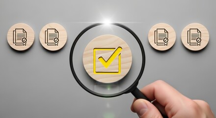 Magnifying glass focusing on a wooden disc with a yellow check mark