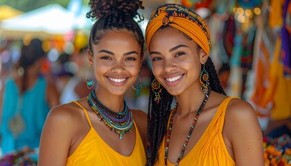 Portrait of Two Young Women with Unique Hairstyles Wearing Beaded Jewelry at Vibrant Market