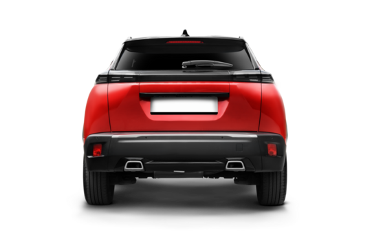 Rear view of a red colored  modern suv car