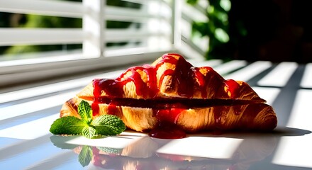 Delicious morning croissant with fresh raspberry jam and mint garnish awaits you near the window light for a bright breakfast start