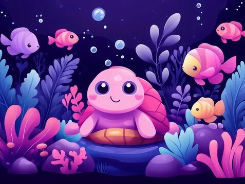 Cute Cartoon Turtle and Playful Fish Swimming Underwater Scene