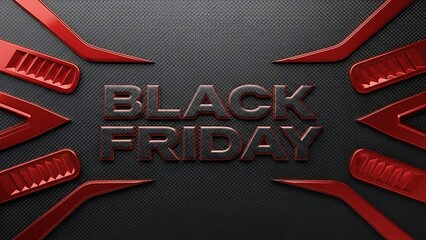 Black friday" dynamic 3d render with prominent red abstract shapes on sleek textured background for sales events.