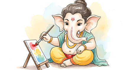Whimsical cartoon depiction of Ganesha painting with vibrant colors and