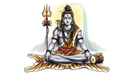 Serene depiction of Lord Shiva meditating in natural setting with symbolic