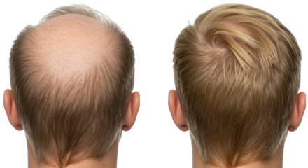Adult head, back view, split image comparison: left with thinning hair and bald spot, right with dense blonde regrowth. transparent background, bright studio lighting, dramatic hair restoration