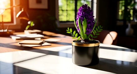 Elevate your workspace with this vibrant purple hyacinth in a modern black pot, adding a touch of nature and elegance to your everyday office decor