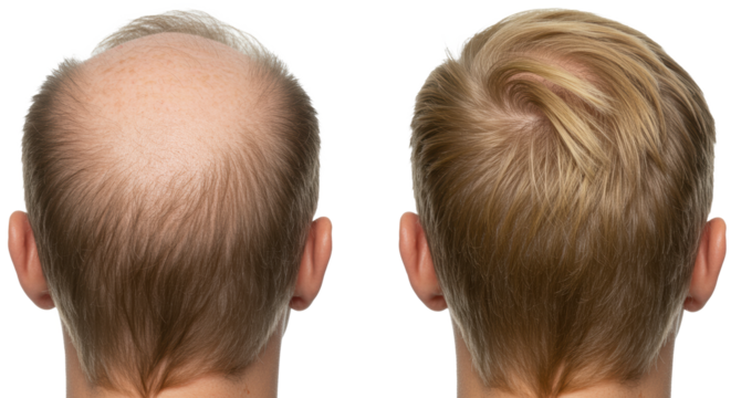 Adult head, back view, split image comparison: left with thinning hair and bald spot, right with dense blonde regrowth. transparent background, bright studio lighting, dramatic hair restoration