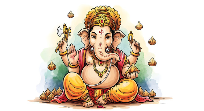 Vibrant Artistic Illustration of Lord Ganesha Sitting in a Meditative Pose