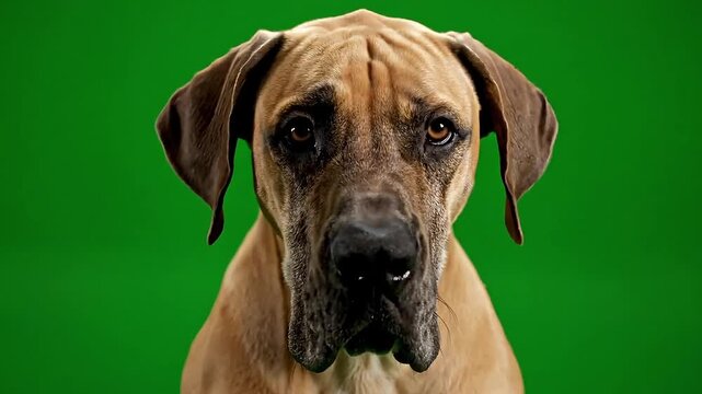 Gentle giant dog with expressive eyes looks directly at camera against a vibrant green background.
