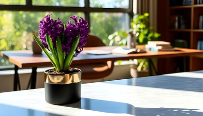 Bring a touch of spring indoors with this vibrant purple hyacinth in a sleek pot, perfect for adding life to your modern home office or workspace decor