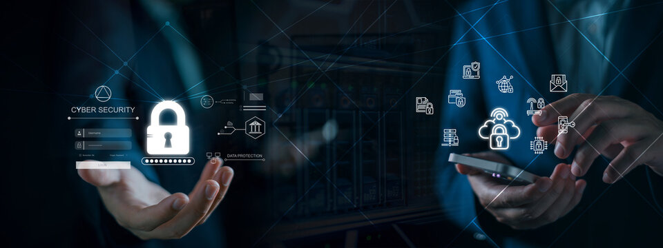 Cybersecurity dashboard interface showing data protection, business man login and network technology, digital padlock security systems, cloud computing, privacy controls. - Powered by Adobe