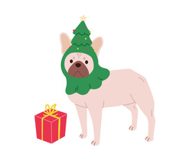 French Bulldog in a funny Christmas tree costume with a wrapped gift. Festive pet character isolated on white background for holiday designs. Vector illustration