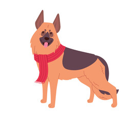 Happy Dog wearing a Red Scarf. German Shepherd illustration in modern flat vector style. Warm clothes for a pet dog