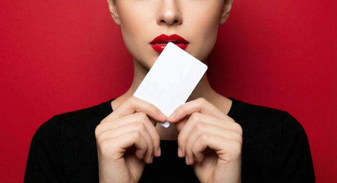 Cropped view of woman with red lipstick holding blank white card mockup near mouth on red background