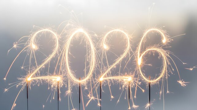 Sparkling new year 2026 celebration with fireworks and light trails