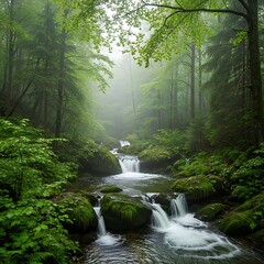 Obraz premium Mystical Forest Stream - A Serene Cascade Through Lush Greenery.