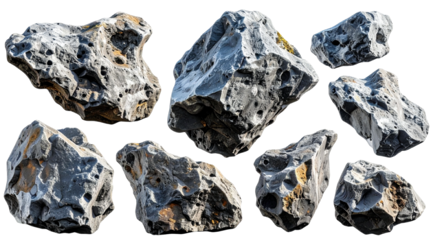 A diverse collection of isolated gray volcanic porous stones with rough textures on a white background