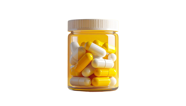 Yellow and white capsules in a clear glass jar, isolated on white background, for health and medical themes