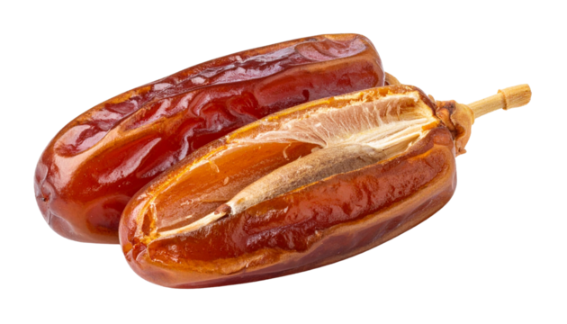 Delicious Dates Two Whole and a Halved Date, Isolated on a White Background for Healthy Eating