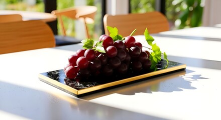 Delicious red grapes glistening on modern tray with sunlight creating inviting vibe for healthy eating campaign or fresh food advertisement