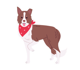 Border Collie wearing a red bandana with white snowflakes for Christmas. Friendly holiday dog vector illustration on white background. Cute dog outfit