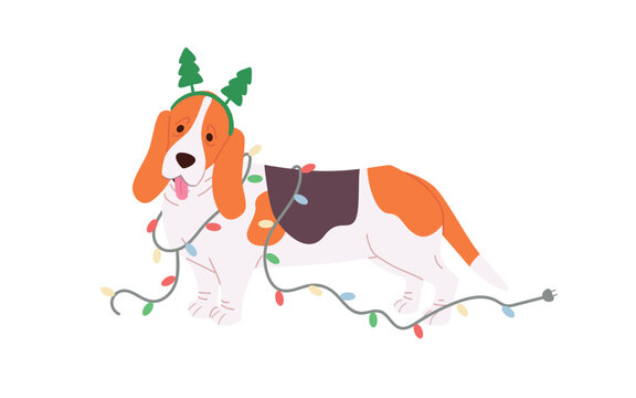 Basset Hound wearing a Christmas tree headband with lights wrapped around his body. Festive holiday dog vector illustration on white background for seasonal designs