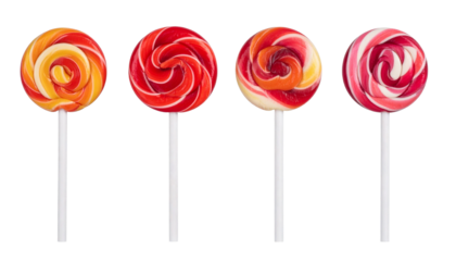 Four colorful swirl lollipops with mixed red and orange colors isolated on a white background
