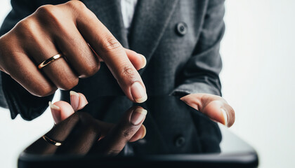 Business professional using smartphone to access information remotely during meeting in urban setting