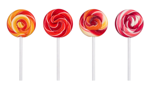 Four colorful swirl lollipops with mixed red and orange colors isolated on a white background