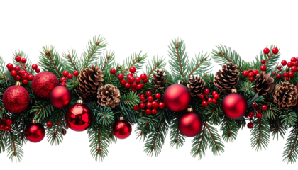 Christmas Garland with Red Baubles, Pine Cones, and Berries on a White Background