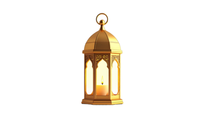 Golden Ramadan lantern with a lit candle, a symbol of light and celebration during holy nights