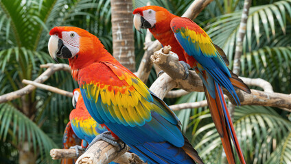 Obraz premium Vibrant scarlet macaws perched on a branch amidst lush tropical foliage, showcasing their beautiful plumage