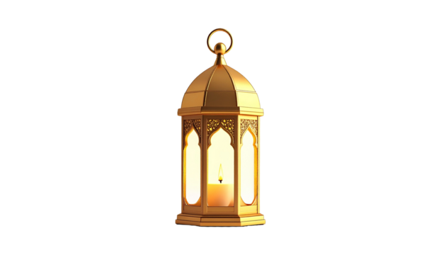 Golden Ramadan lantern with a lit candle, a symbol of light and celebration during holy nights