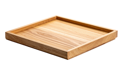 Empty natural wood square serving tray with raised edges, a versatile minimalist kitchen and home decor accessory, isolated on white background for product display
