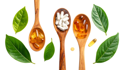 Wooden spoons with various dietary supplement capsules and fresh green leaves on a white background