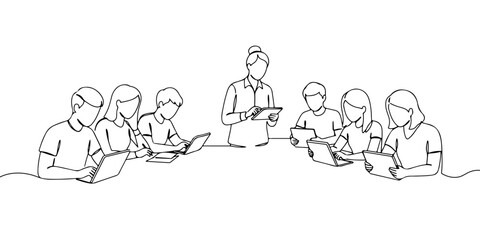 A single continuous line of a teacher using a tablet with students, symbolizing the adaptation of technology in the education sector, vector illustrator
