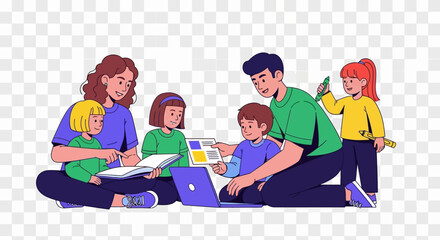 Family enjoys time with children,reading books,exploring with a computer, and using drawing pencils