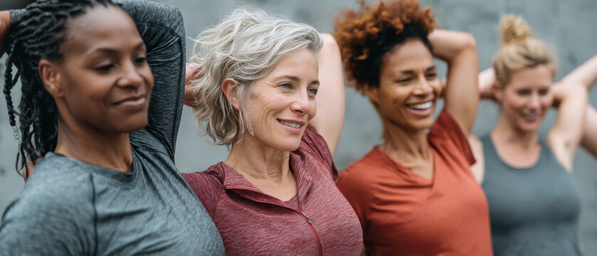 Mature diverse women stretching together in activewear outdoors, smiling and enjoying group fitness and wellness - Powered by Adobe