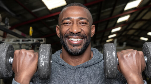 Smiling man lifting dumbbell in gym, muscular adult male wearing hoodie showing strength and confidence during workout session - Powered by Adobe