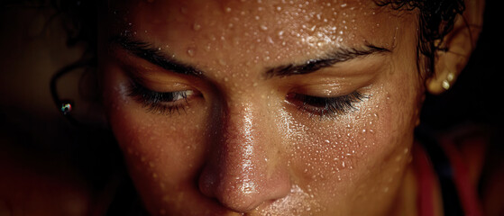 Young woman face close up with glistening sweat and closed eyes showing focused effort and warm skin glow
