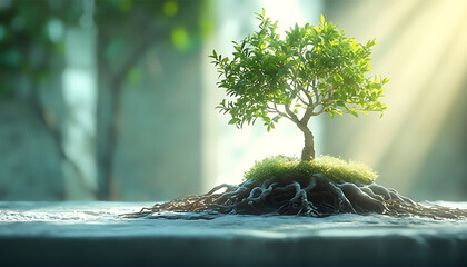A small tree with green leaves and exposed roots on a mossy mound in soft light background scenery