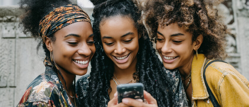 Three smiling young women with natural hair looking at smartphone together outdoors, joyful friends sharing moment of connection and laughter - Powered by Adobe