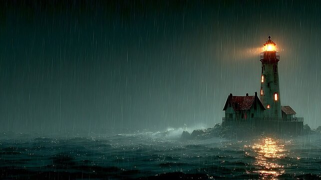 A lone lighthouse stands on a rocky islet, shining through heavy rain and rough, dark seas at night.