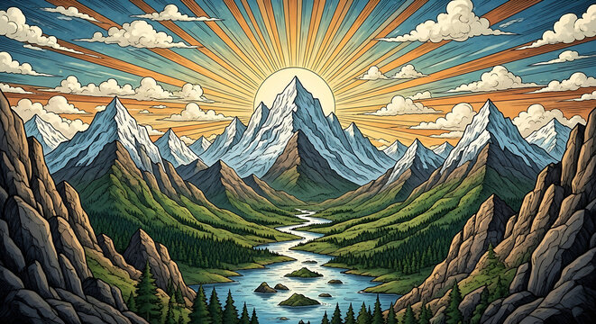 Illustration of mountain range with snow capped peaks and a river flowing through the valley under sun rays - Powered by Adobe