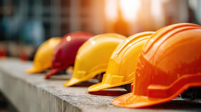 Row Of Colorful Hard Hats Lined Up On Concrete Barrier With Warm Sunlight Glinting On Their Surfaces At A Construction Site.