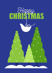 Christmas greeting card.
Illustration of the decorative Christmas trees and peace dove